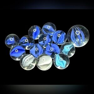 14 Vintage Blue, Light Blue and White Cat's Eye Shooter & Standard Glass Marbles